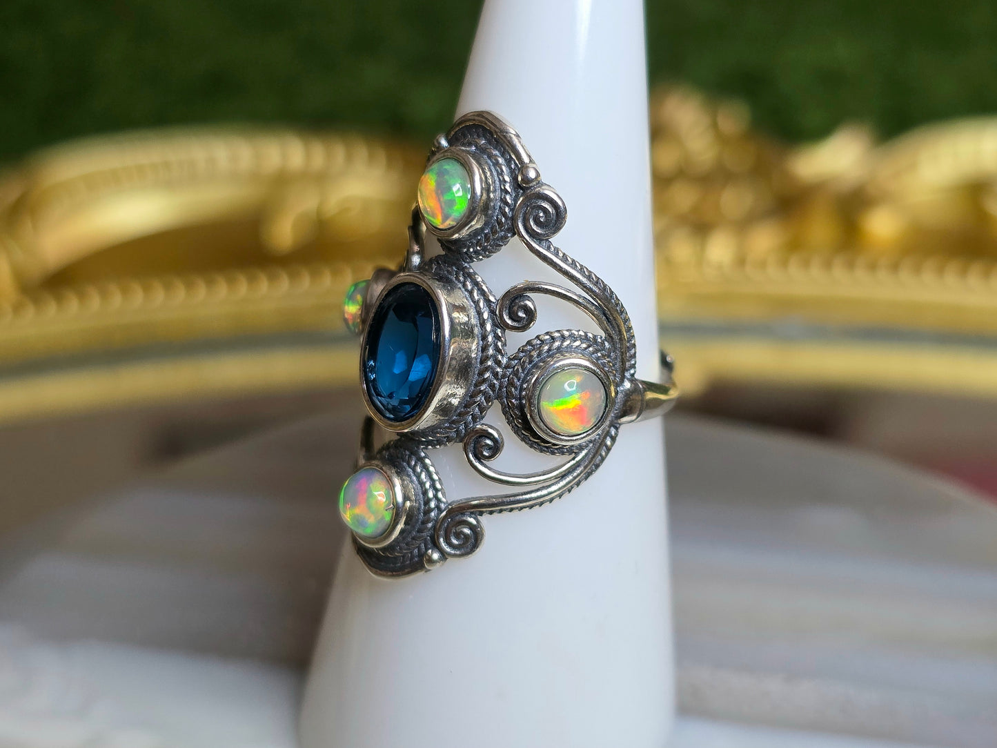 Blue Topaz and Opal Filigree Ring