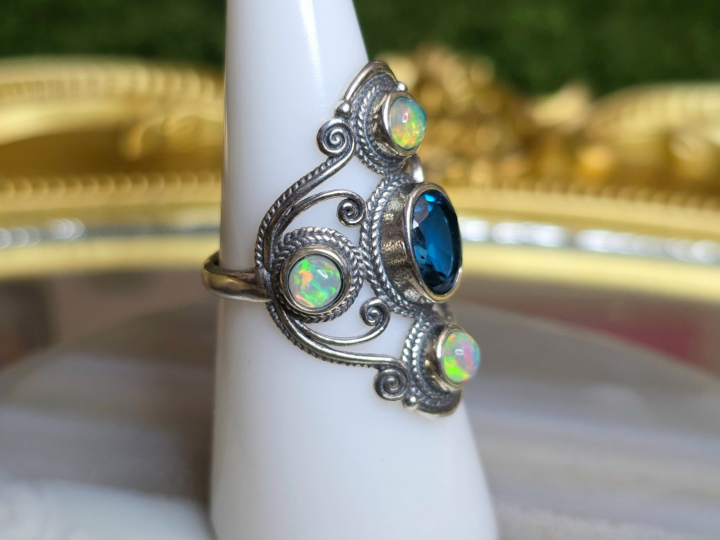 Blue Topaz and Opal Filigree Ring
