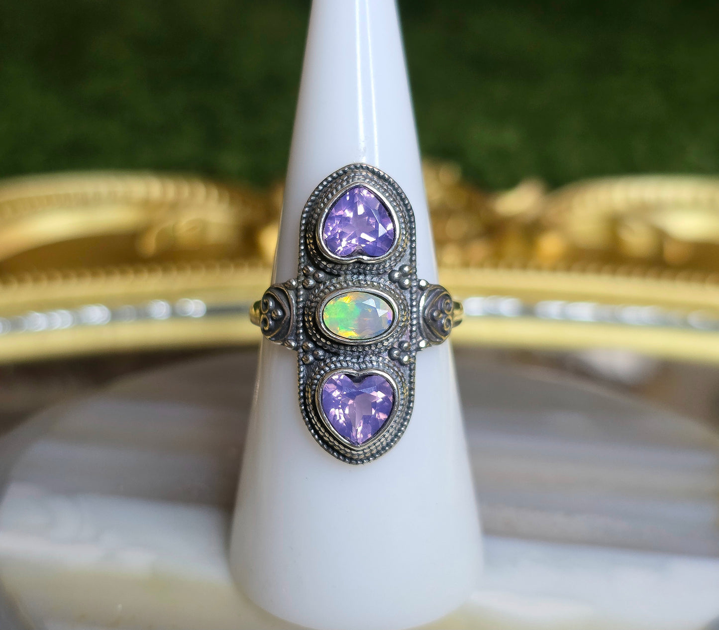 Lavender Moon Quartz Hearts and White Opal Ring