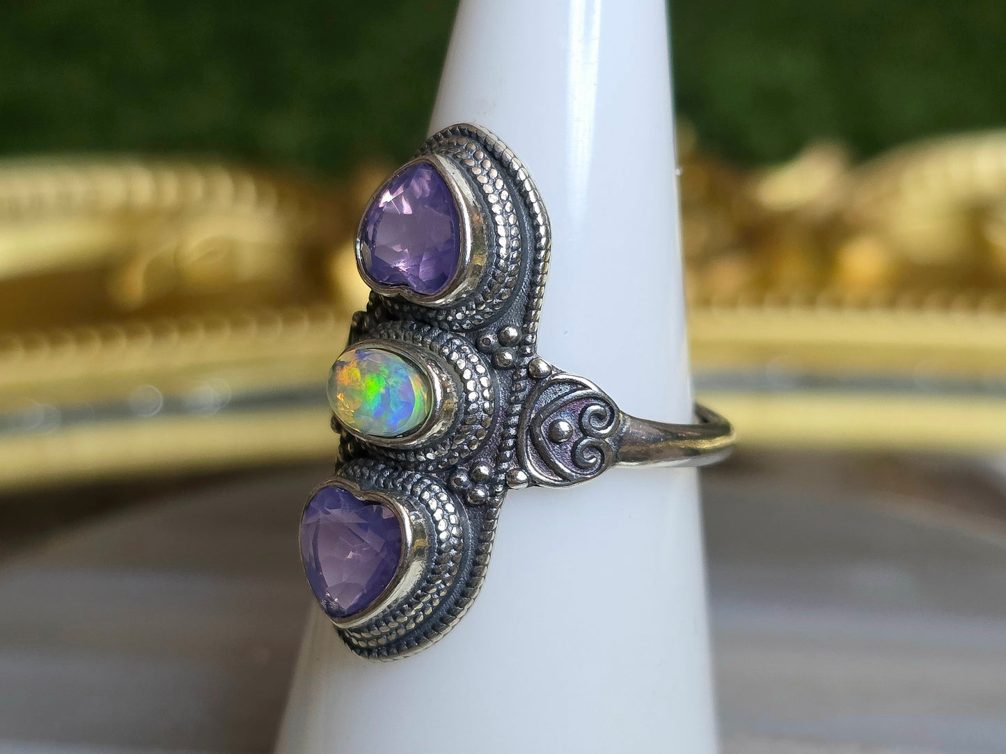 Lavender Moon Quartz Hearts and White Opal Ring