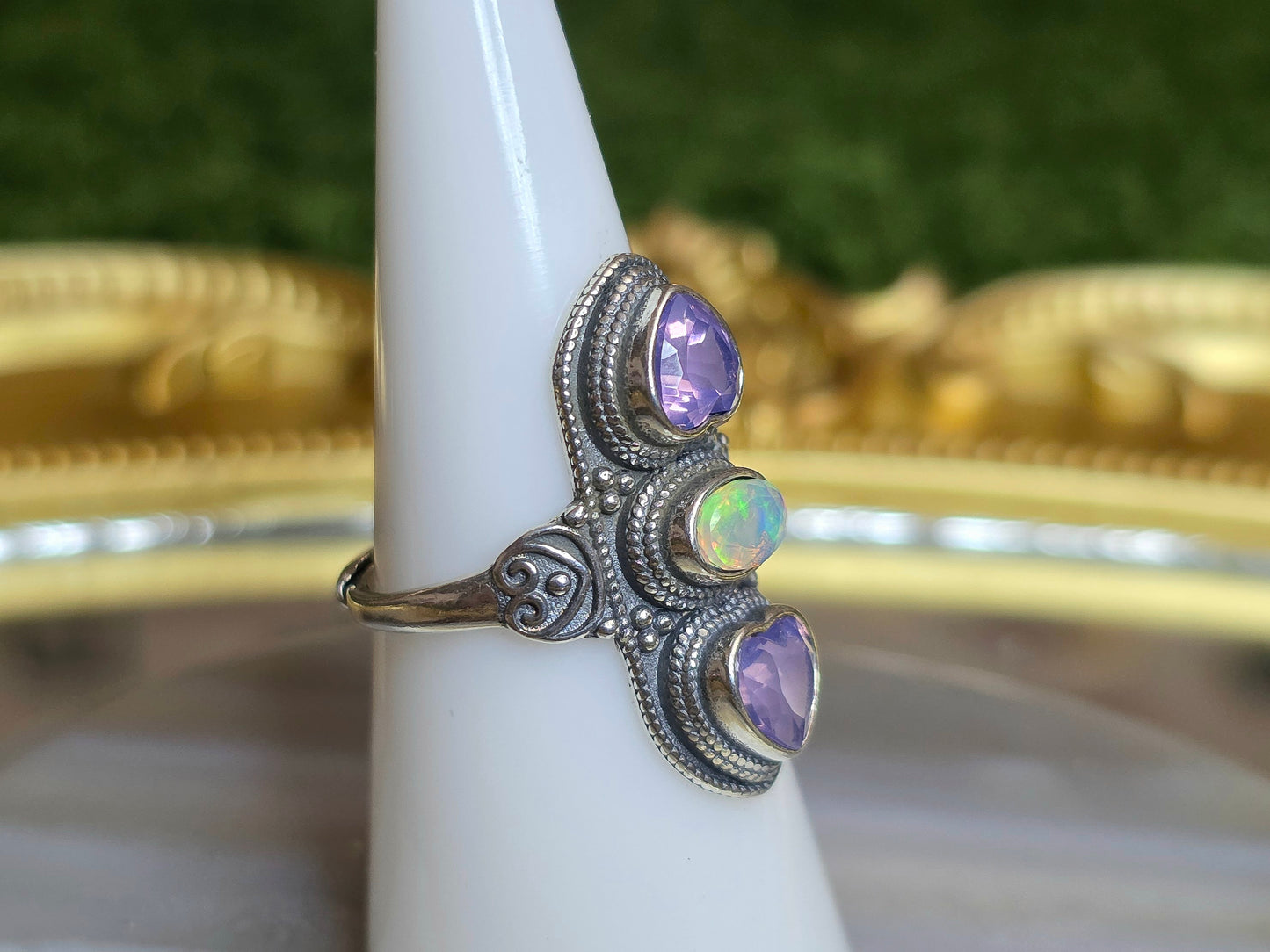 Lavender Moon Quartz Hearts and White Opal Ring