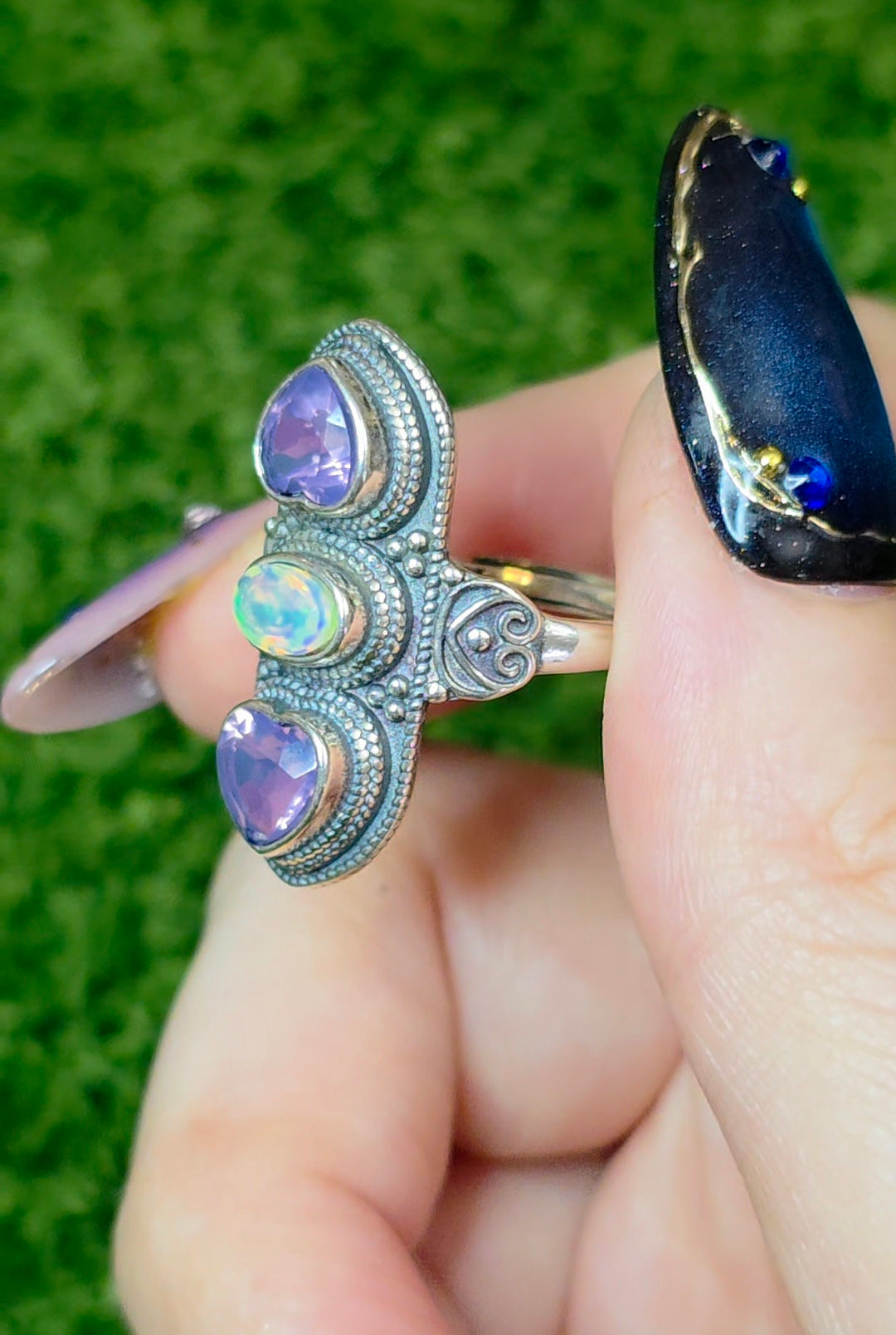 Lavender Moon Quartz Hearts and White Opal Ring