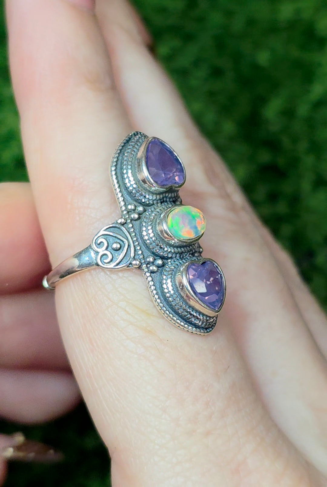 Lavender Moon Quartz Hearts and White Opal Ring