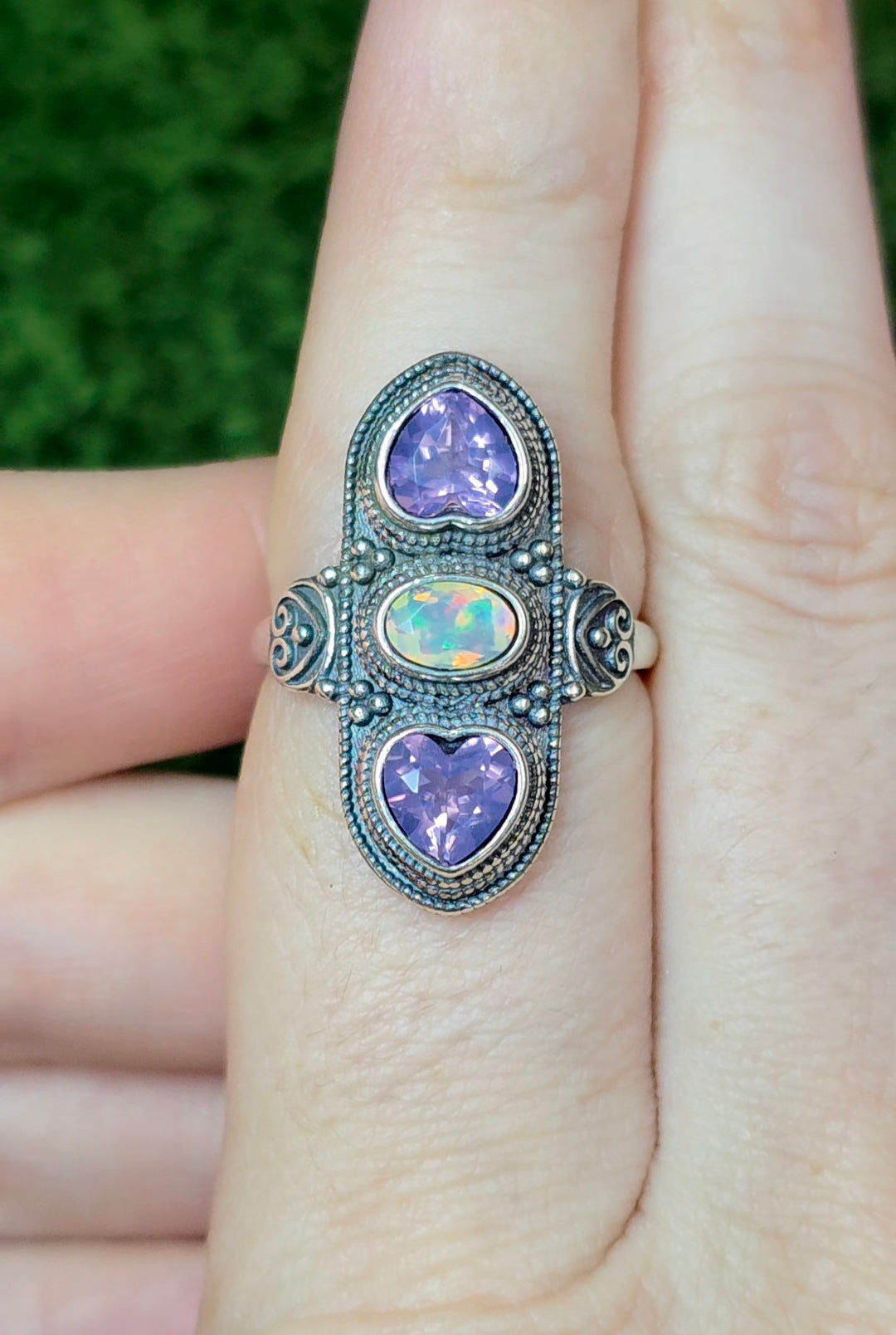 Lavender Moon Quartz Hearts and White Opal Ring