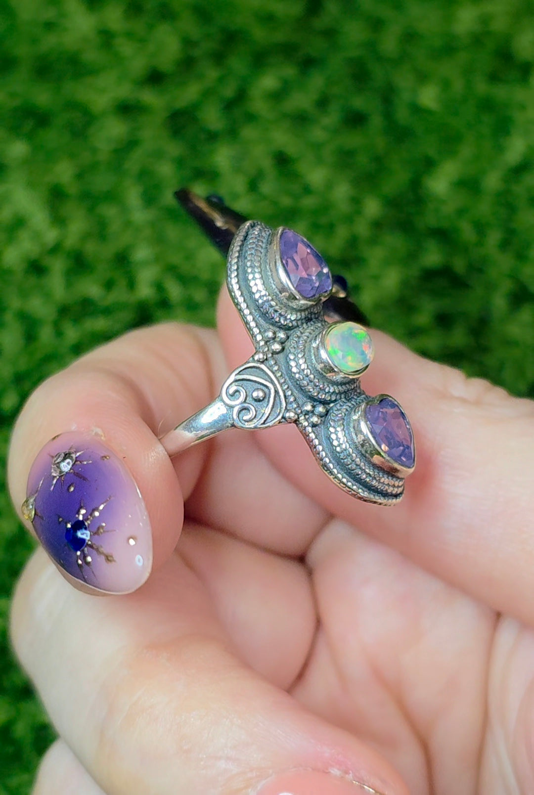 Lavender Moon Quartz Hearts and White Opal Ring