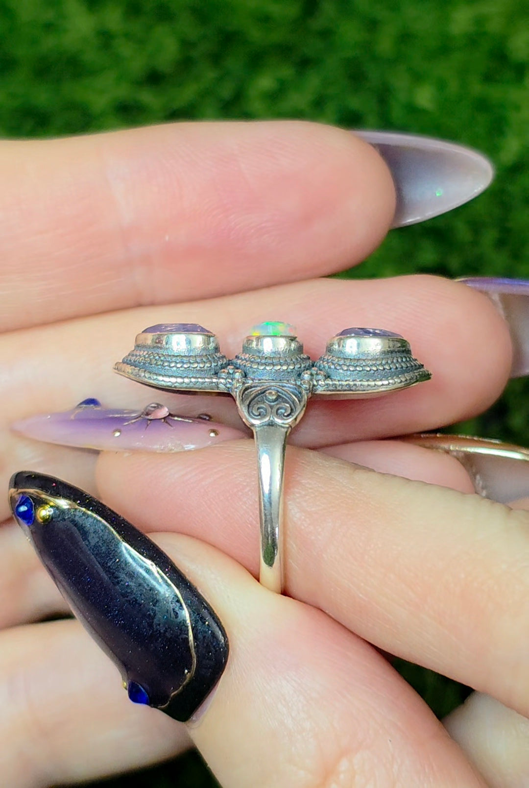 Lavender Moon Quartz Hearts and White Opal Ring