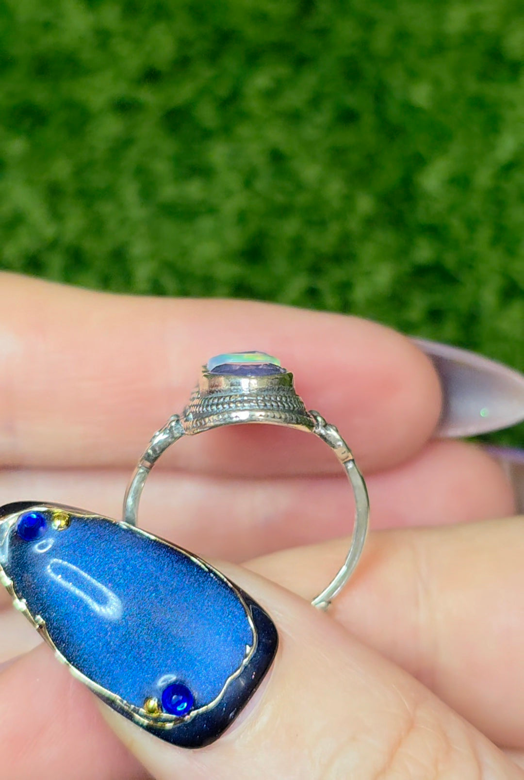 Lavender Moon Quartz Hearts and White Opal Ring