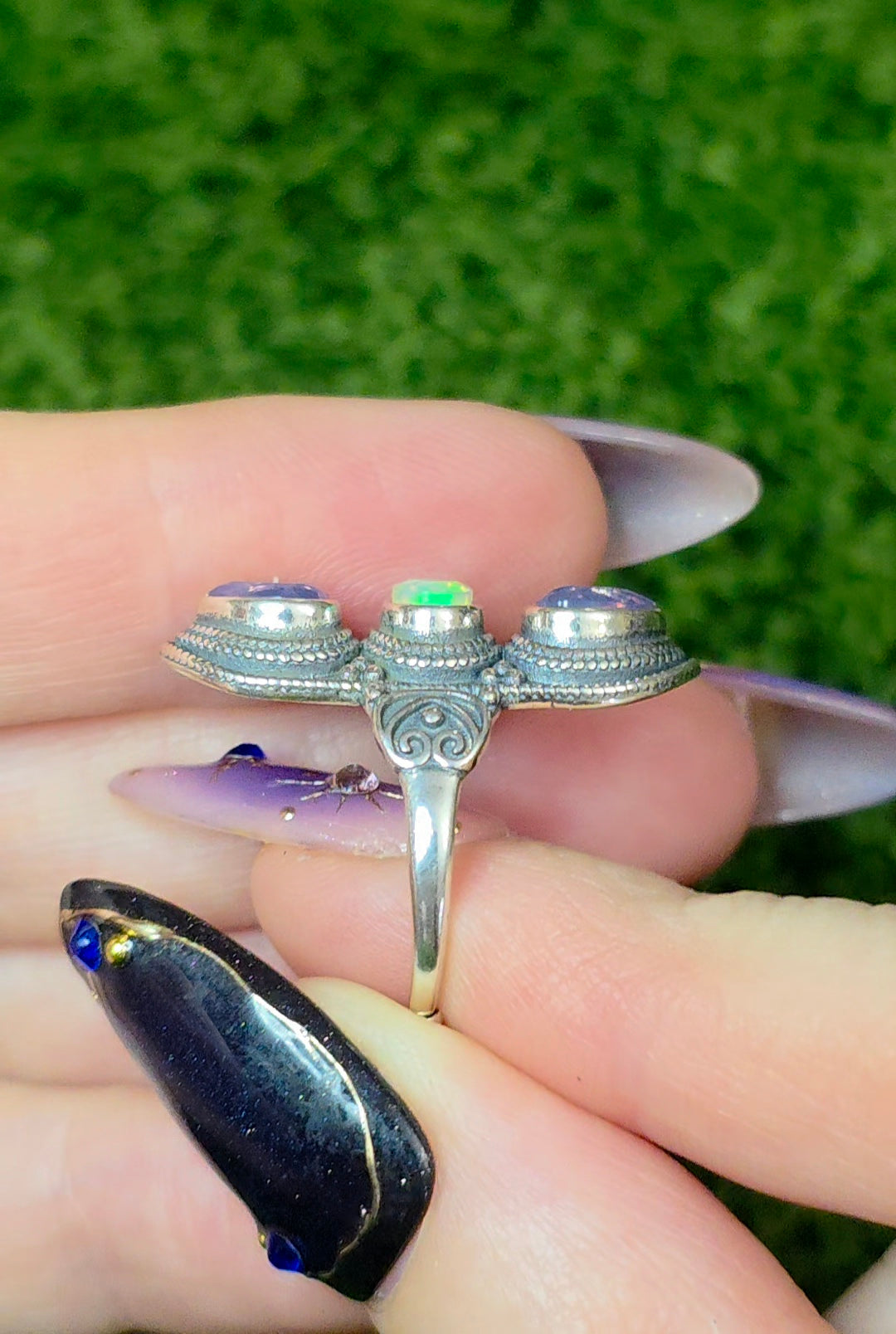 Lavender Moon Quartz Hearts and White Opal Ring
