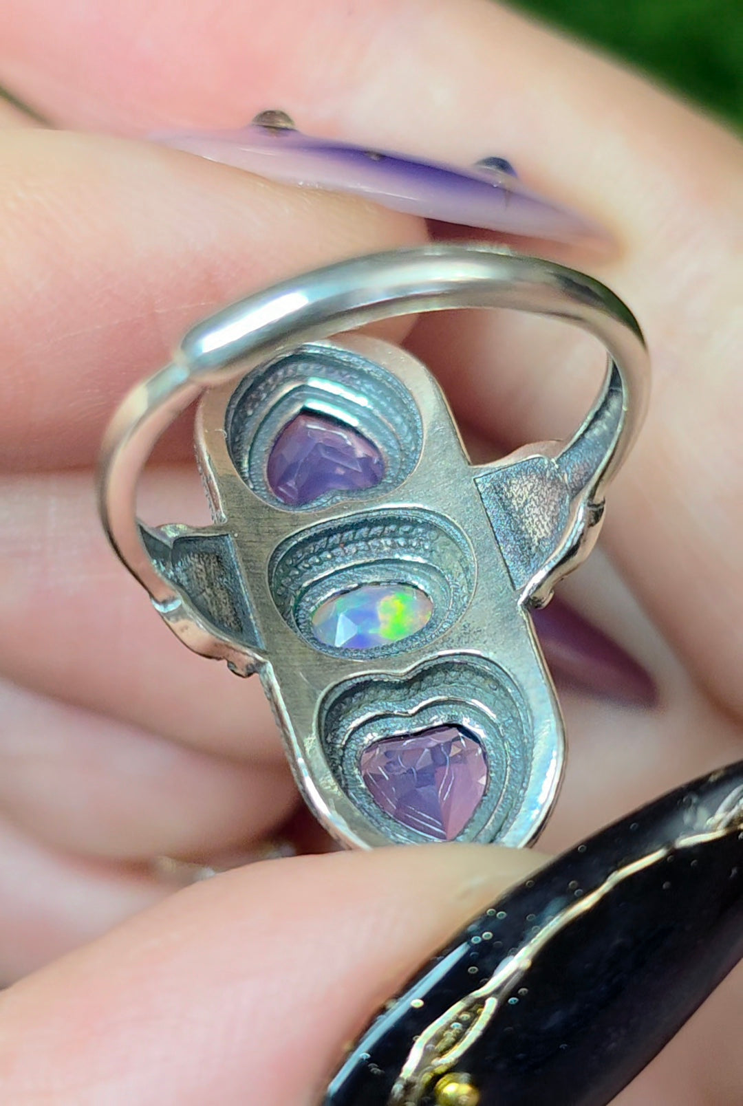 Lavender Moon Quartz Hearts and White Opal Ring
