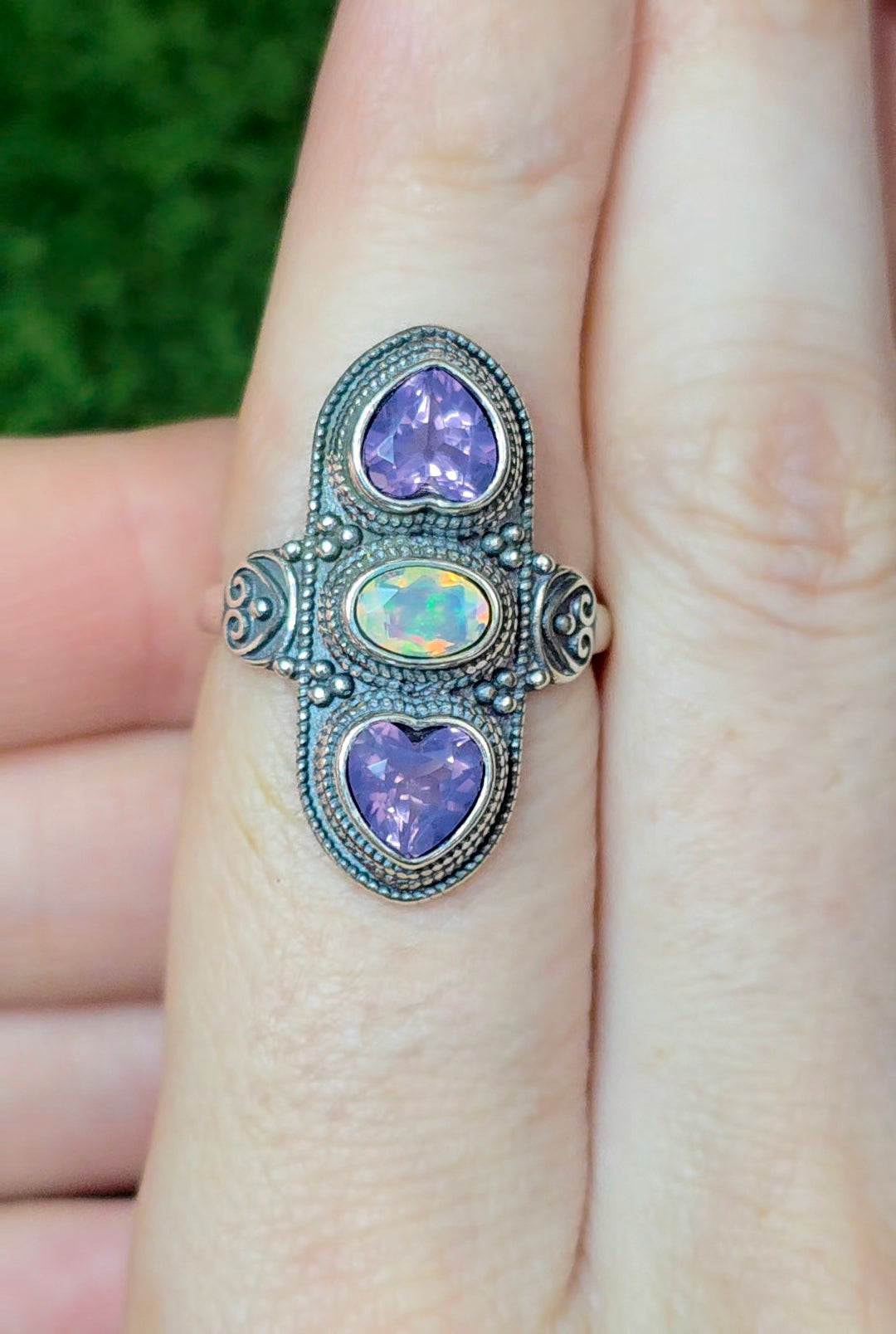 Lavender Moon Quartz Hearts and White Opal Ring