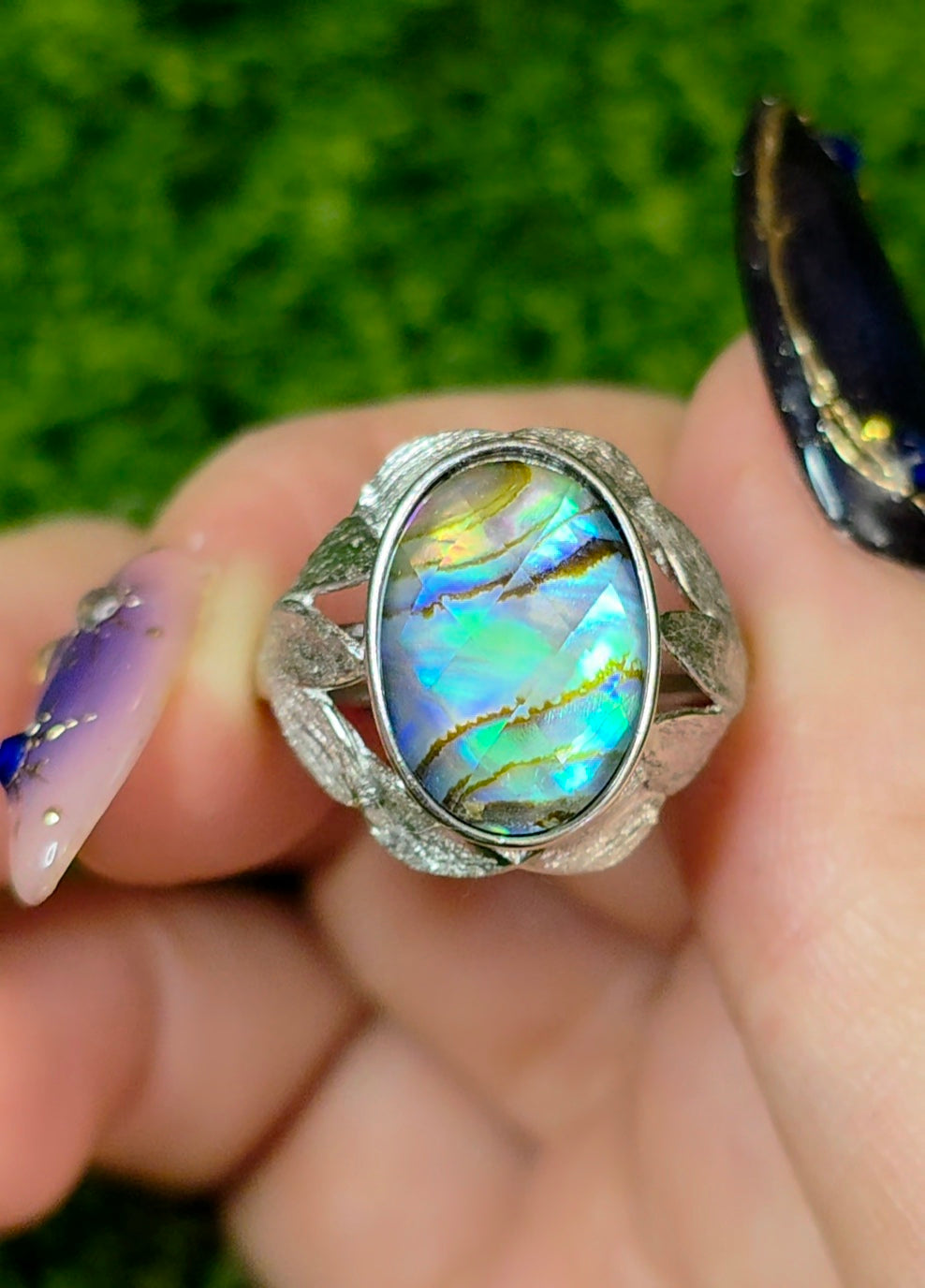 Abalone Shell and Faceted Clear Quartz Ring