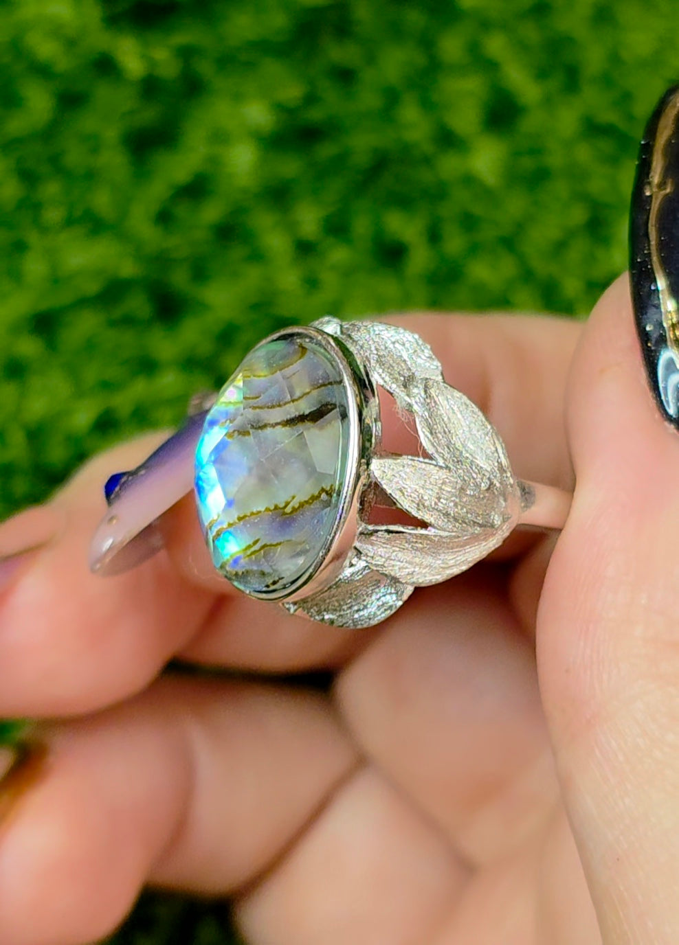 Abalone Shell and Faceted Clear Quartz Ring