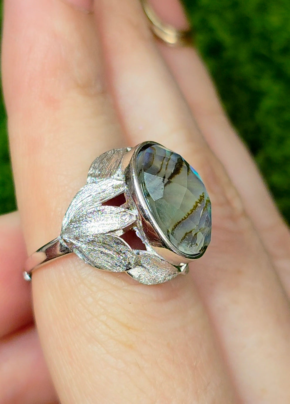 Abalone Shell and Faceted Clear Quartz Ring