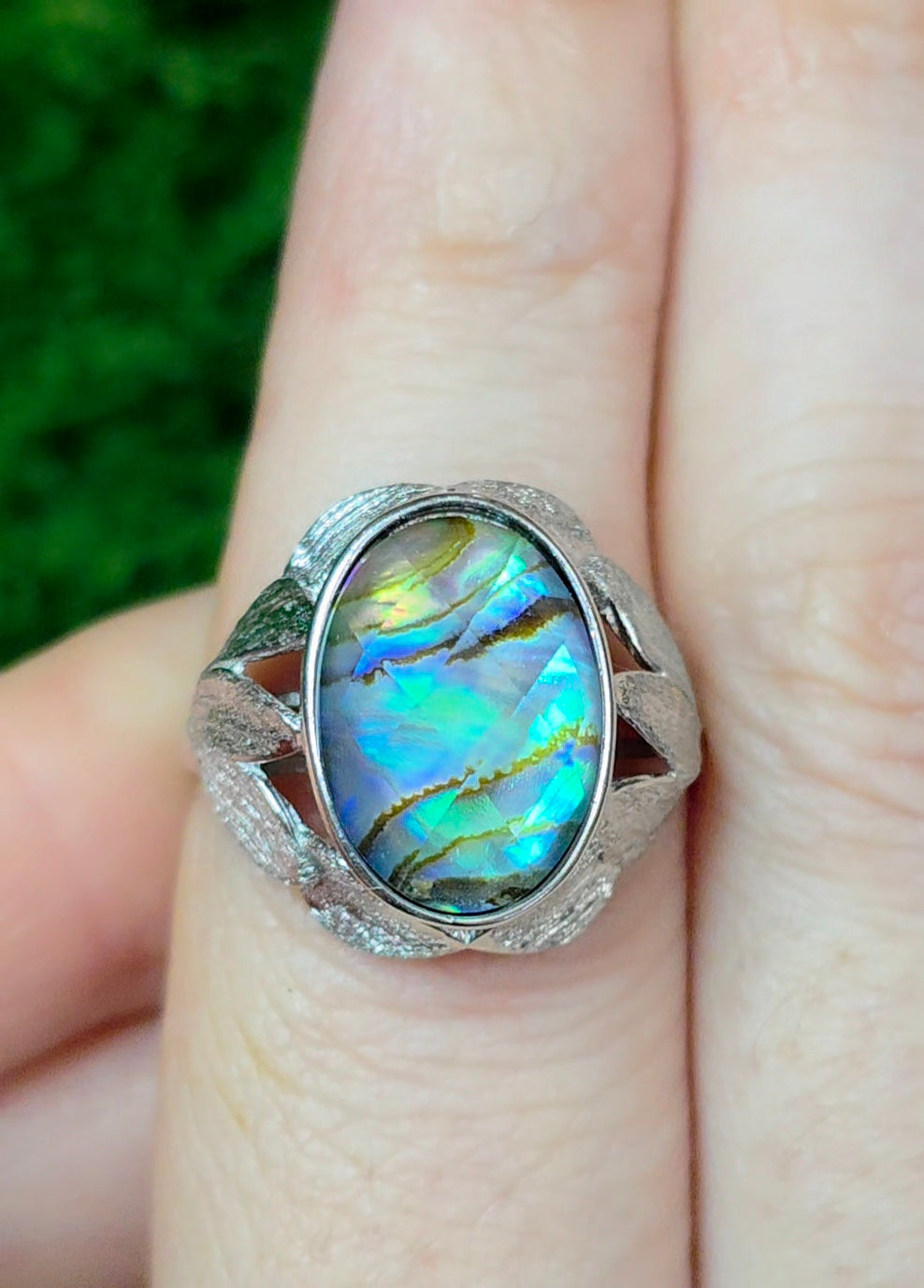 Abalone Shell and Faceted Clear Quartz Ring
