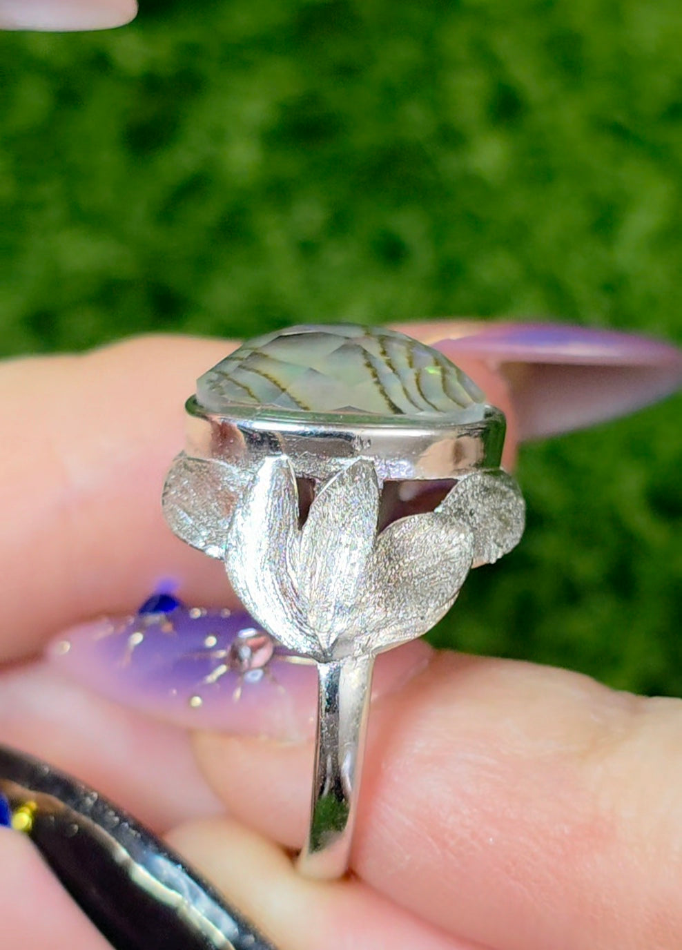Abalone Shell and Faceted Clear Quartz Ring