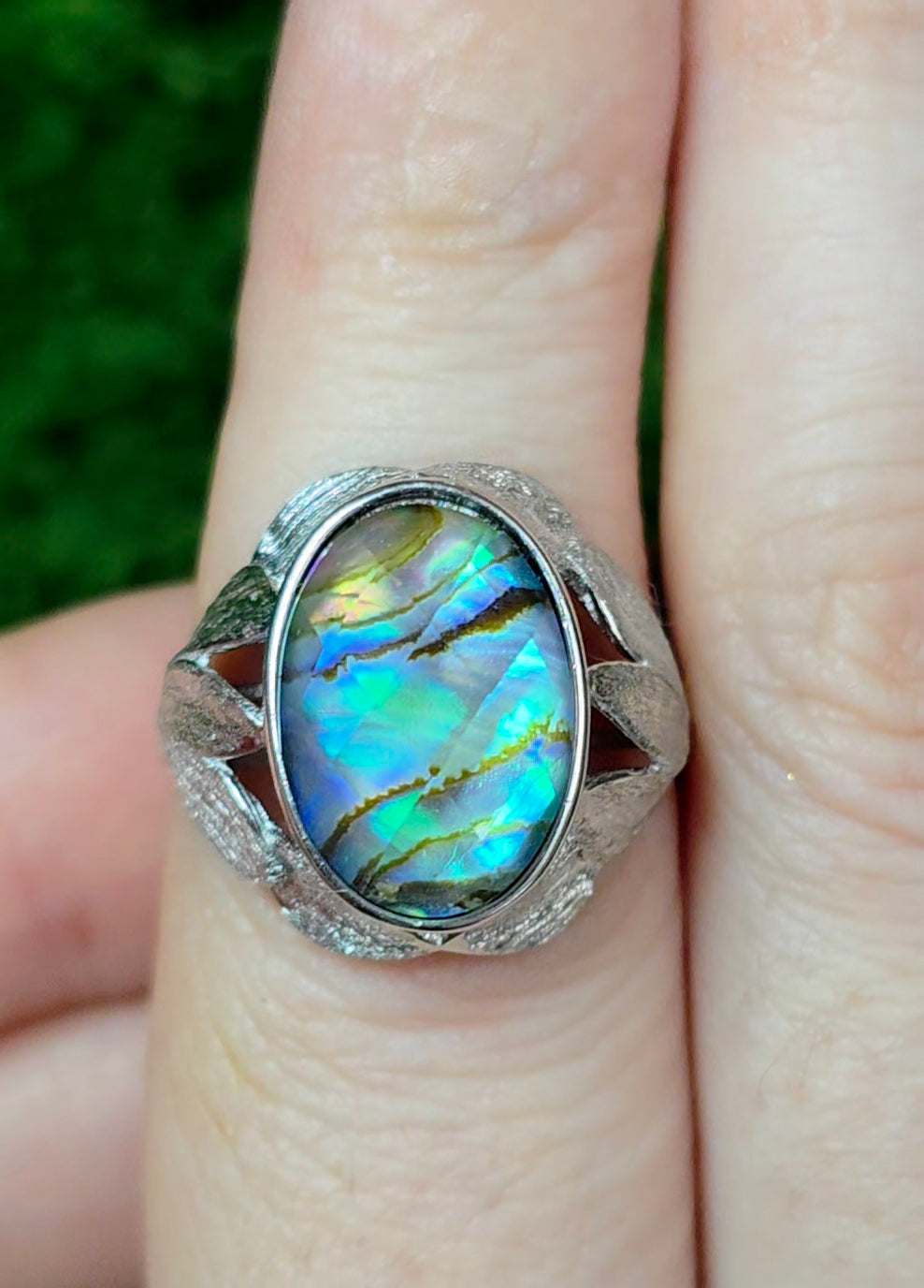 Abalone Shell and Faceted Clear Quartz Ring