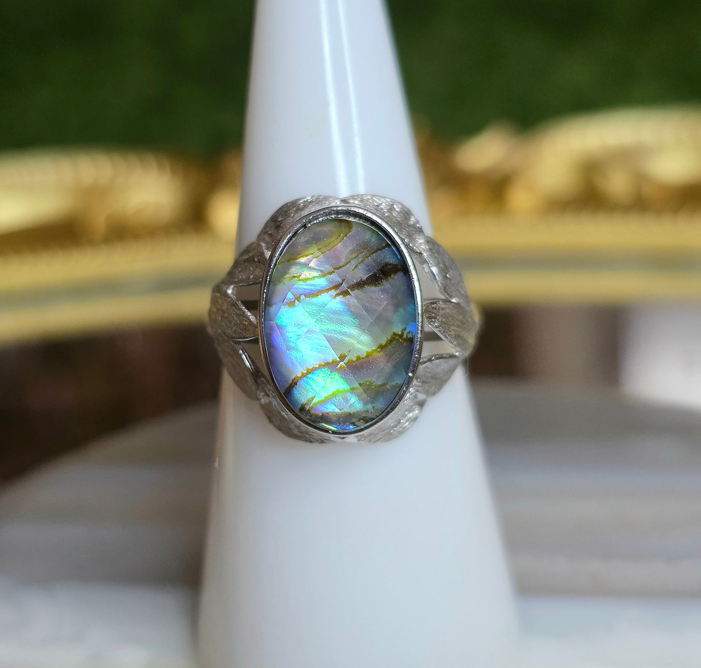Abalone Shell and Faceted Clear Quartz Ring