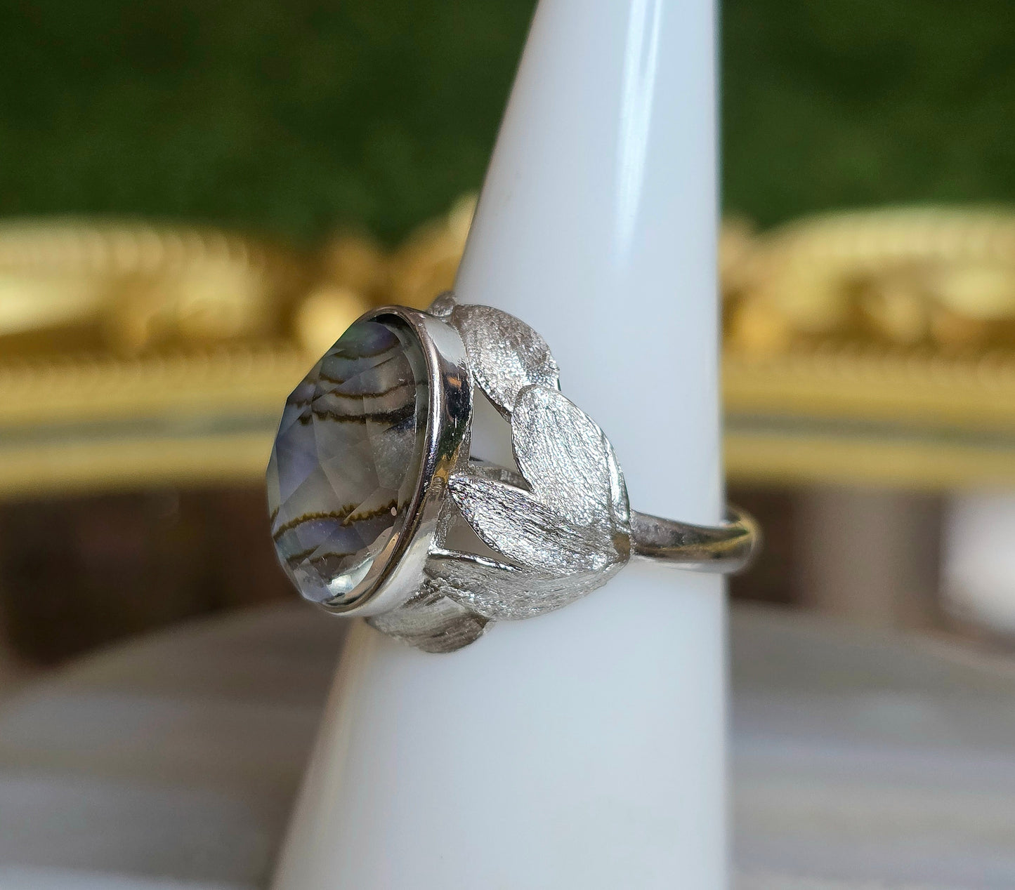 Abalone Shell and Faceted Clear Quartz Ring