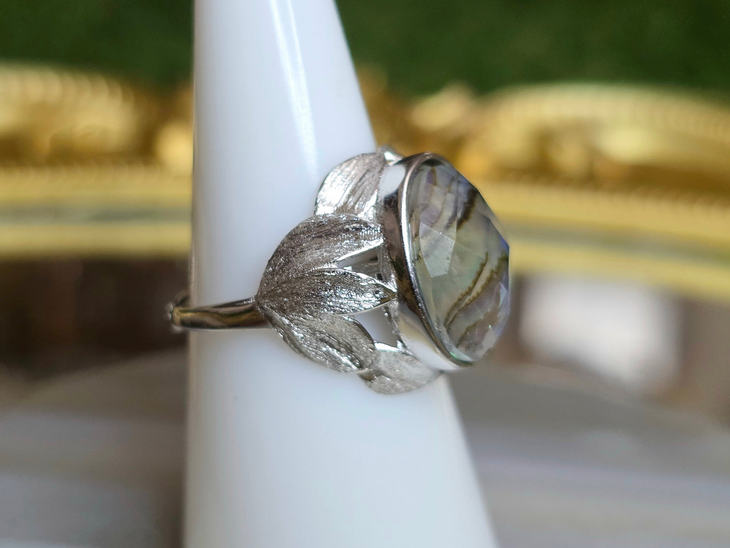 Abalone Shell and Faceted Clear Quartz Ring