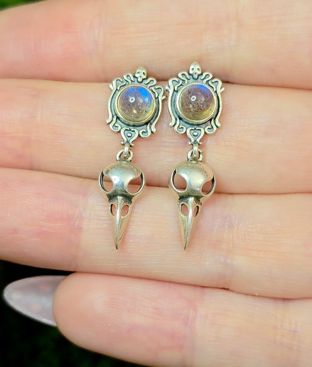 Labradorite Raven Skull Stud Earrings