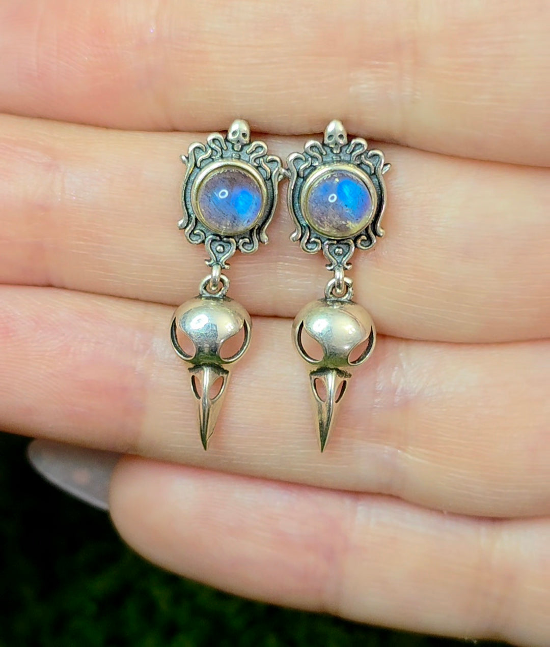 Labradorite Raven Skull Stud Earrings