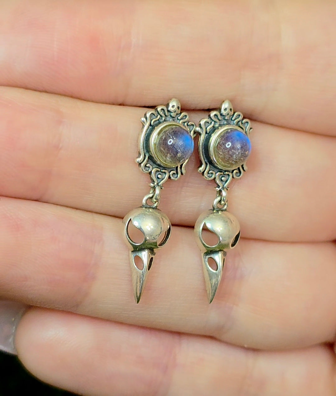 Labradorite Raven Skull Stud Earrings
