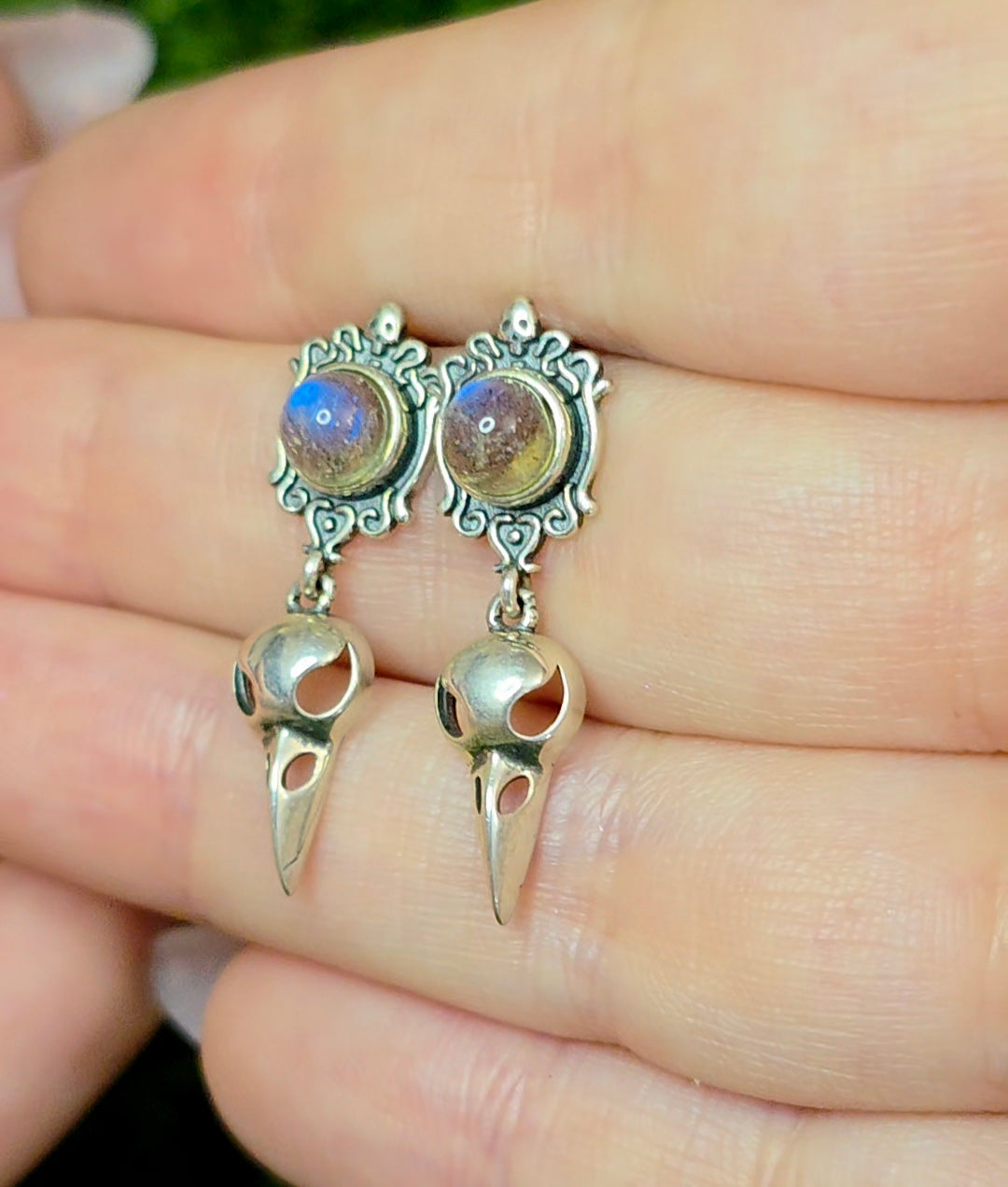 Labradorite Raven Skull Stud Earrings