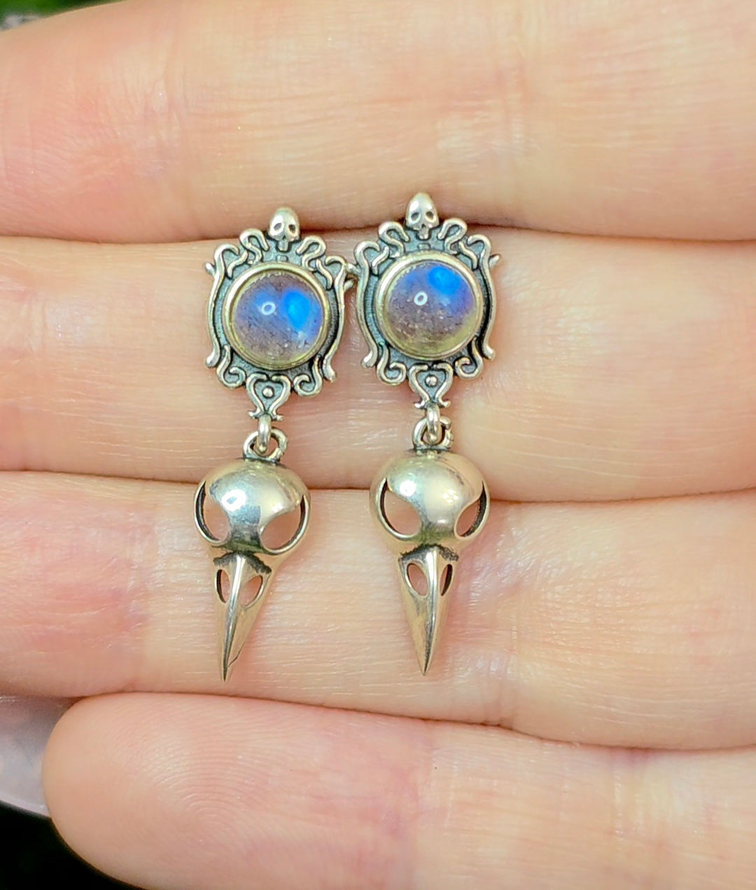 Labradorite Raven Skull Stud Earrings