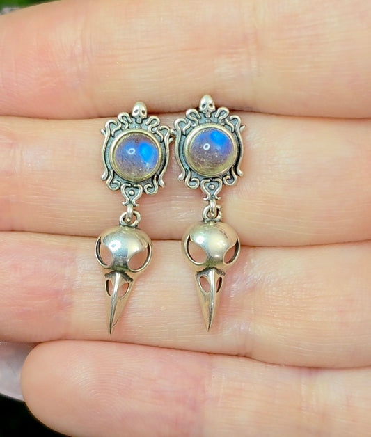 Labradorite Raven Skull Stud Earrings