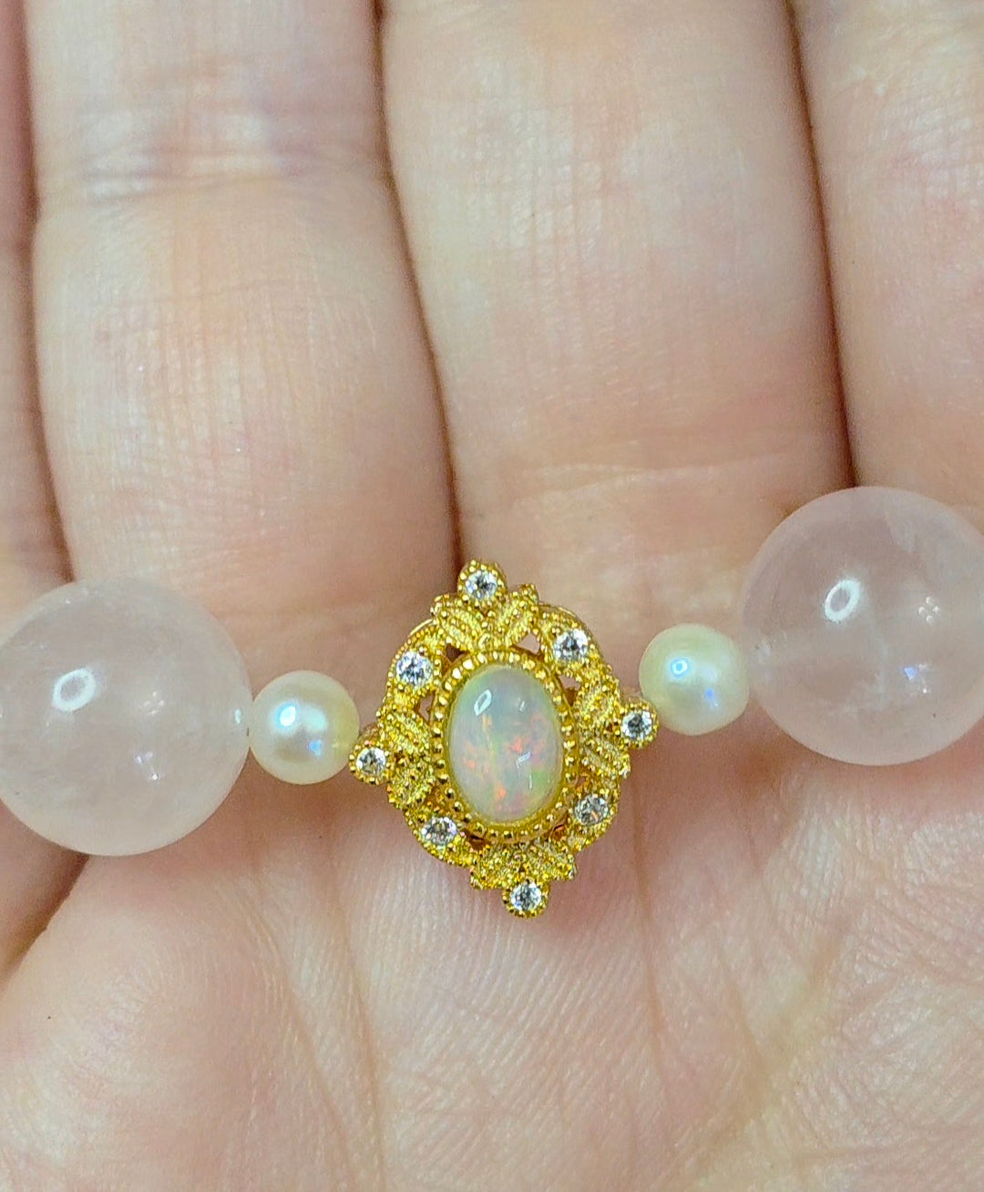 Rose Quartz, Pearl, and Opal Stretch Bracelet