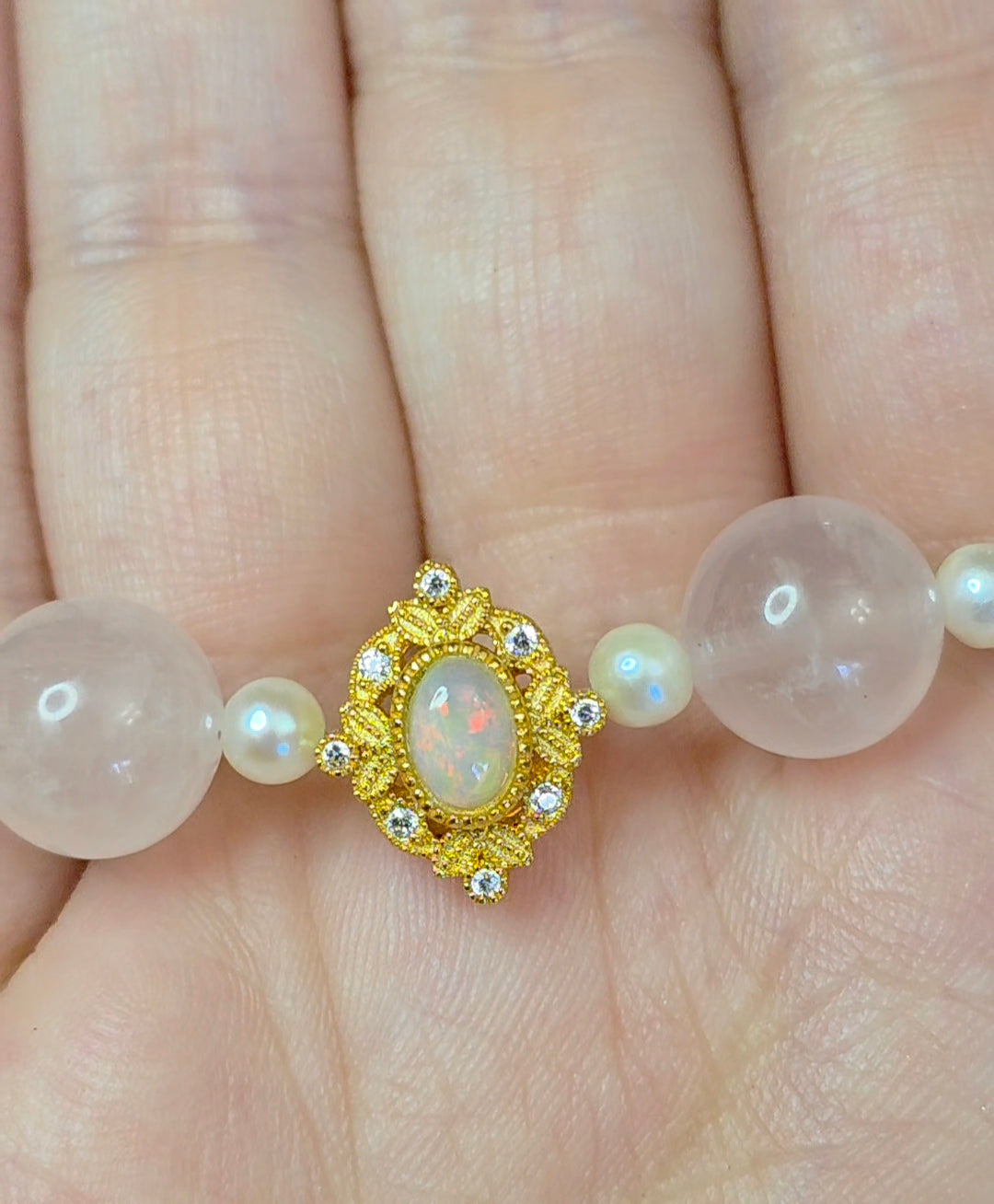 Rose Quartz, Pearl, and Opal Stretch Bracelet