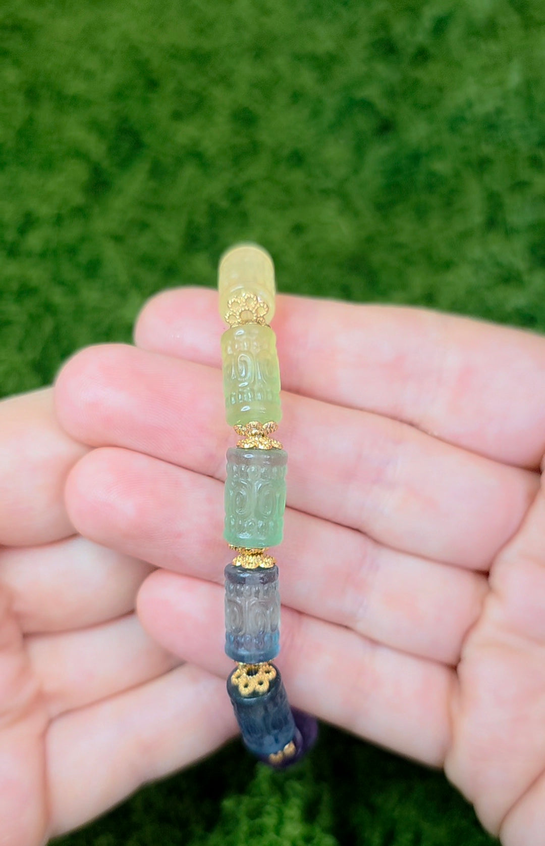 13x7mm Carved Fluorite Stretch Bracelet C