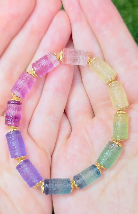 13x7mm Carved Fluorite Stretch Bracelet C