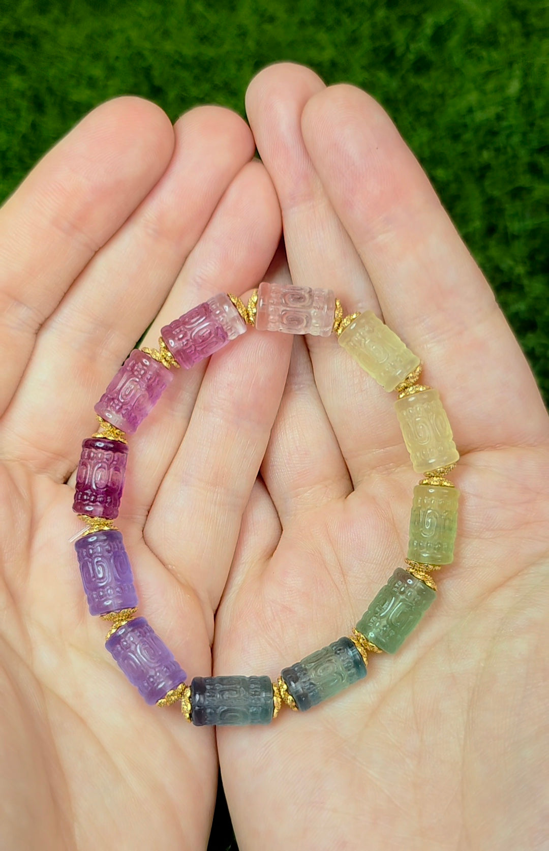 13x7mm Carved Fluorite Stretch Bracelet C