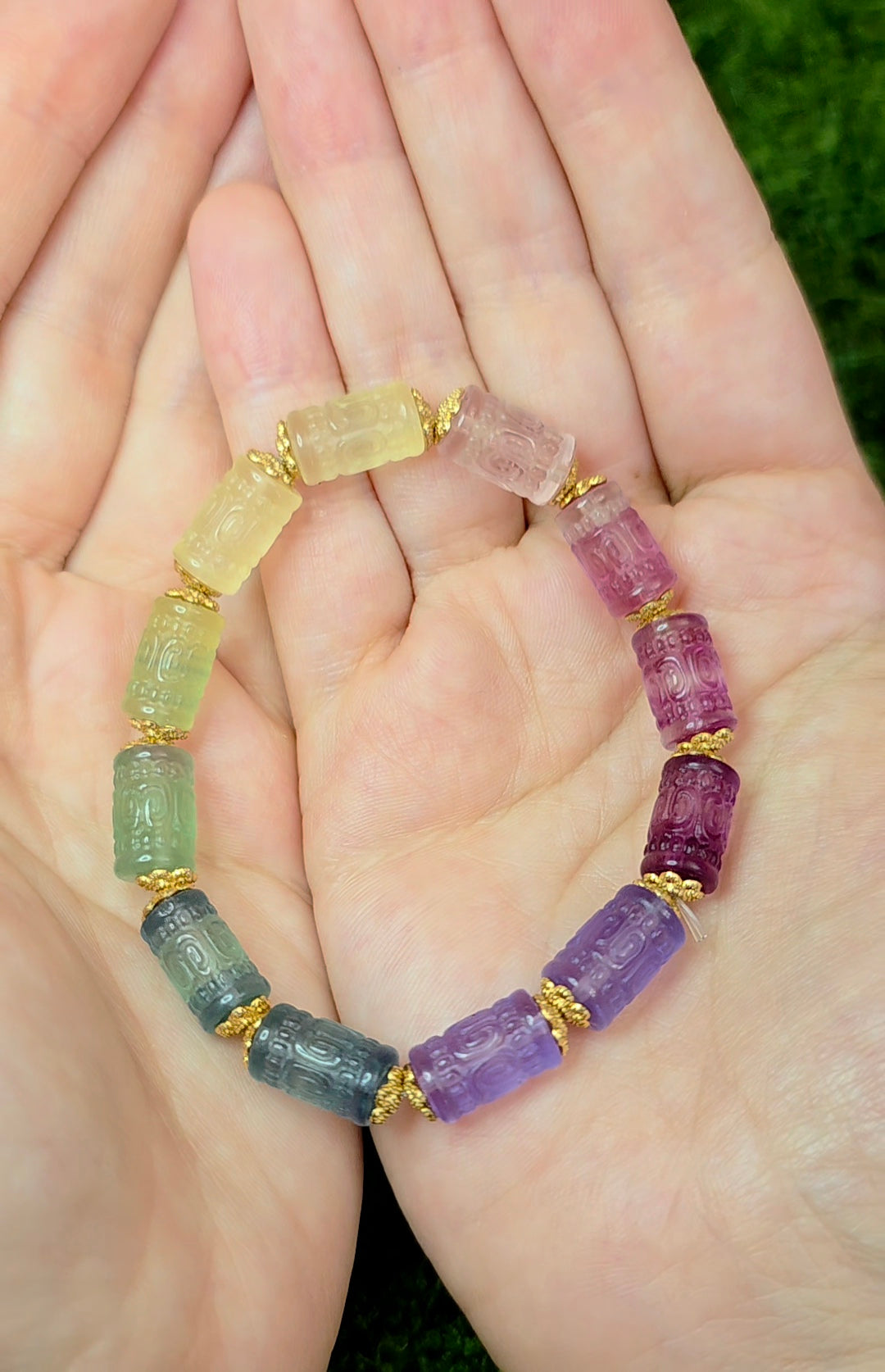 13x7mm Carved Fluorite Stretch Bracelet C