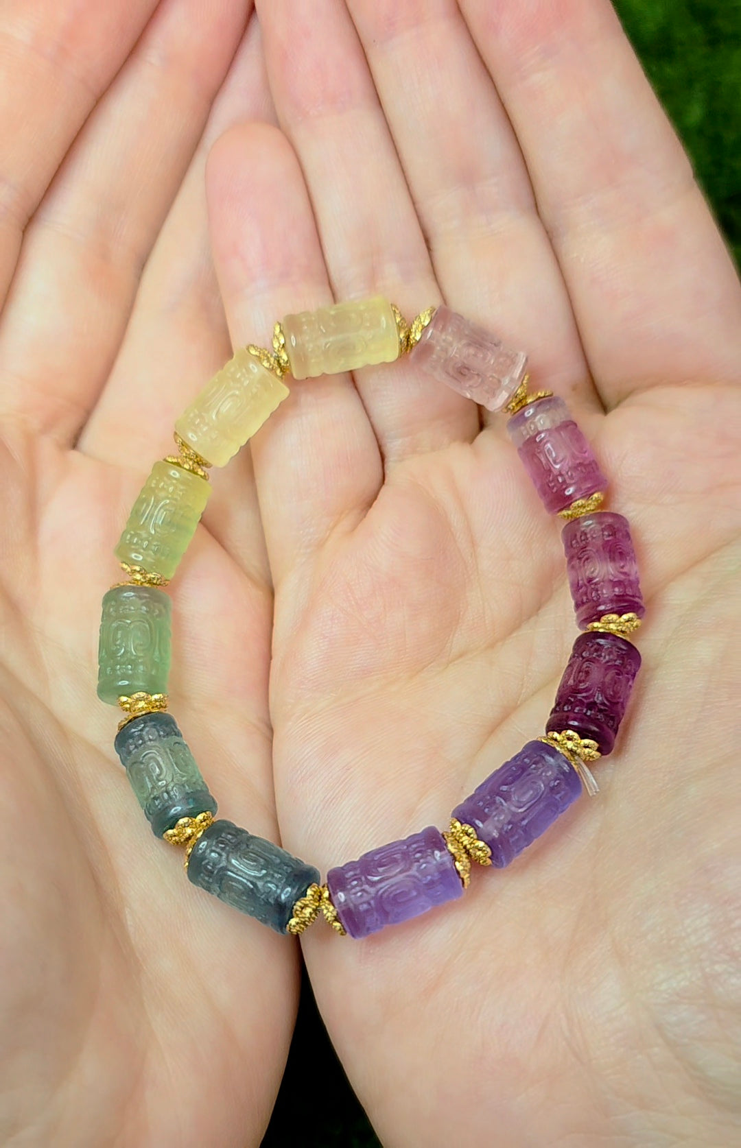 13x7mm Carved Fluorite Stretch Bracelet C