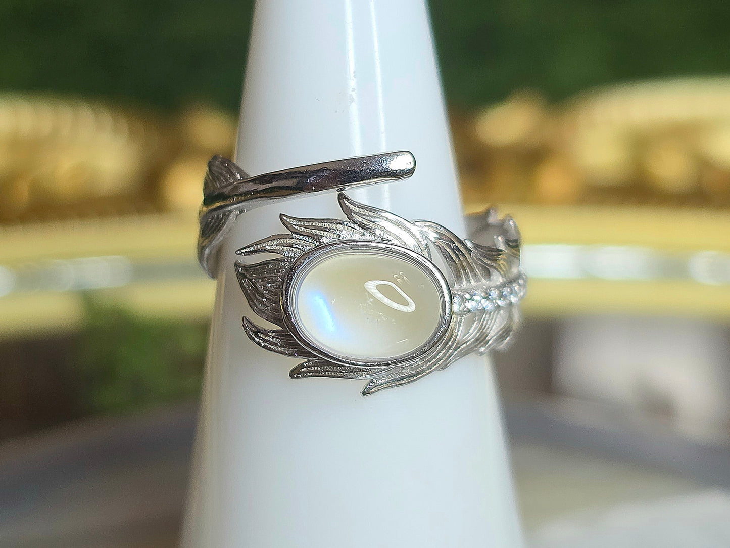 Rainbow Moonstone Feather Ring