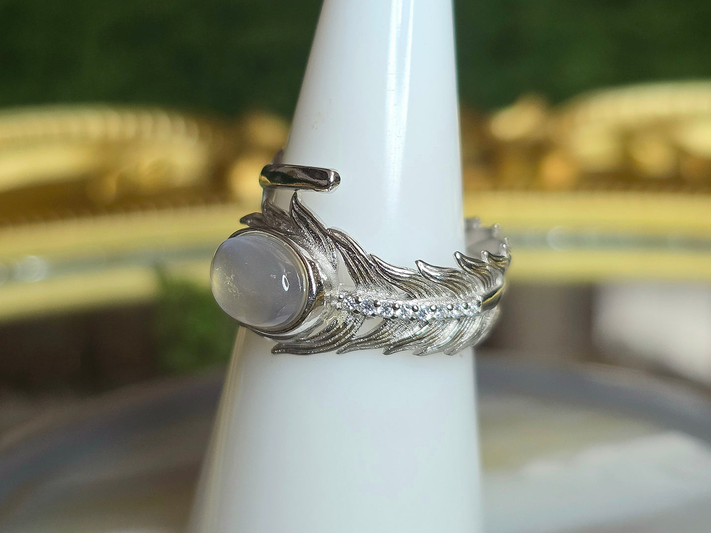 Rainbow Moonstone Feather Ring