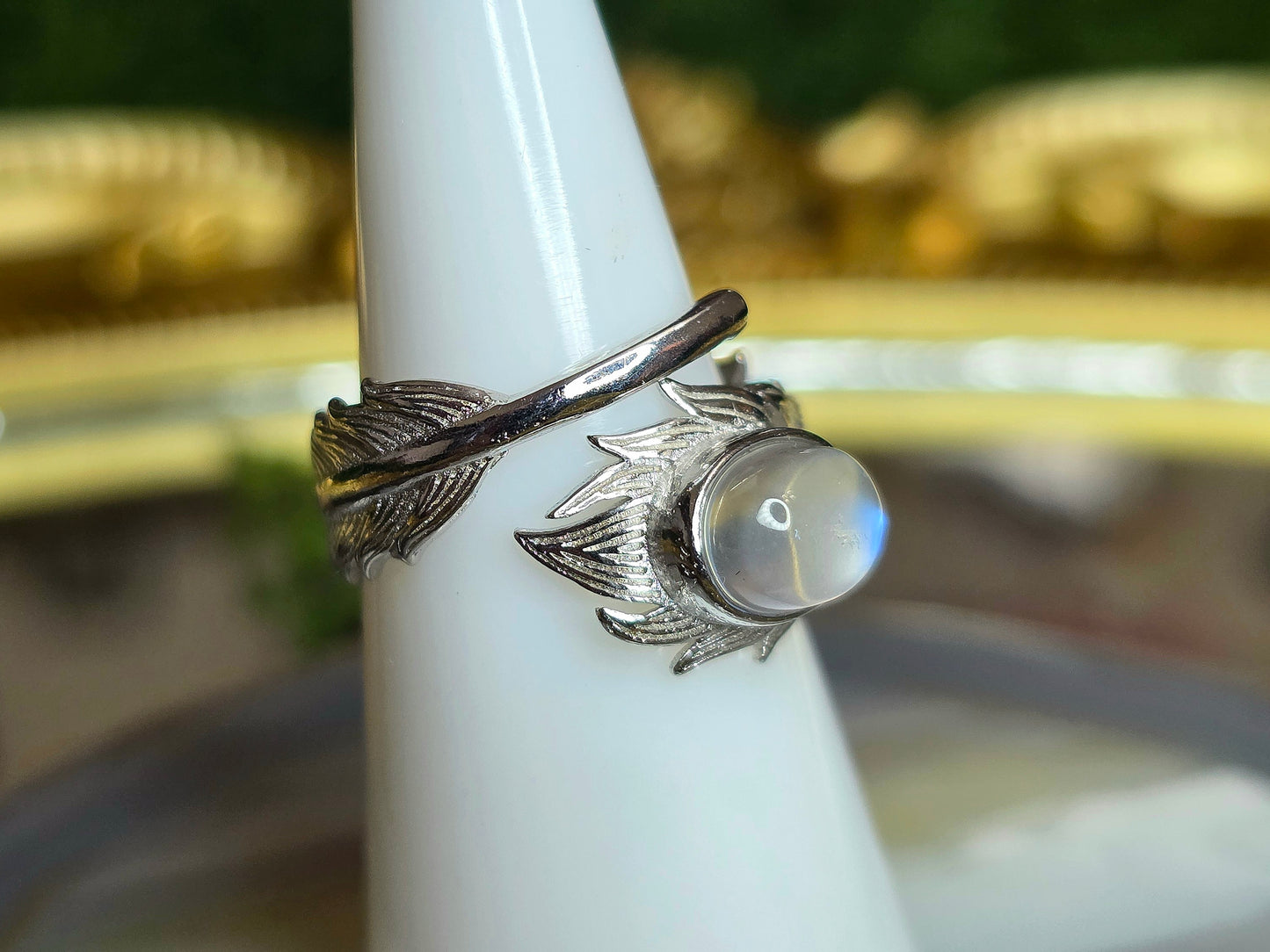 Rainbow Moonstone Feather Ring