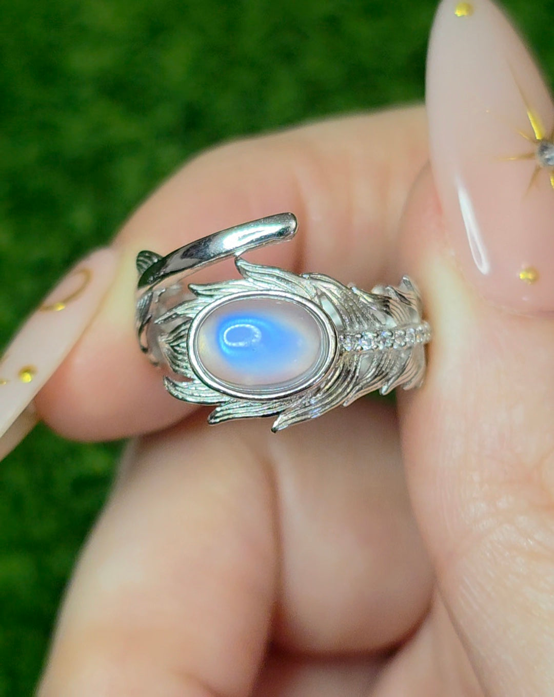 Rainbow Moonstone Feather Ring