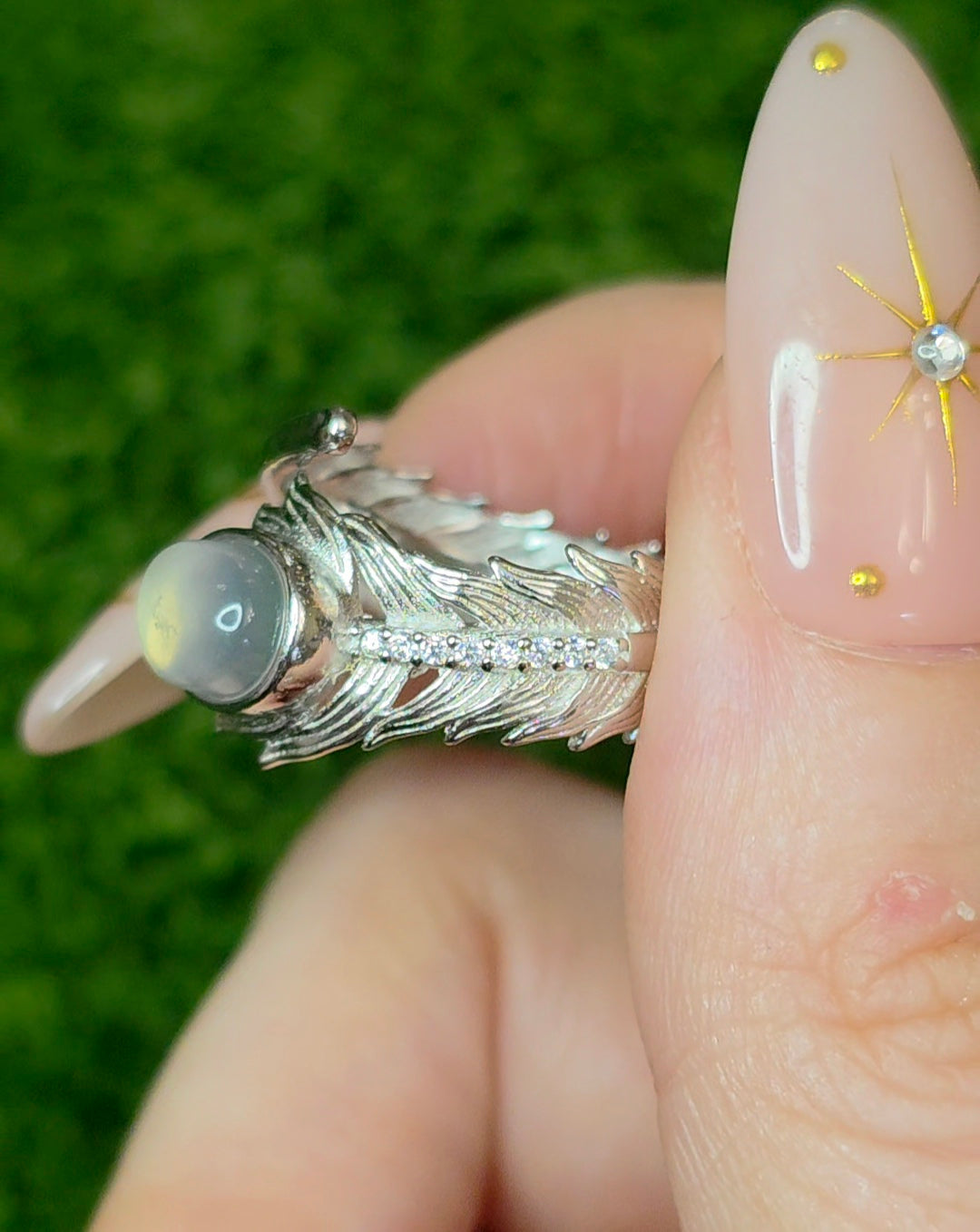 Rainbow Moonstone Feather Ring