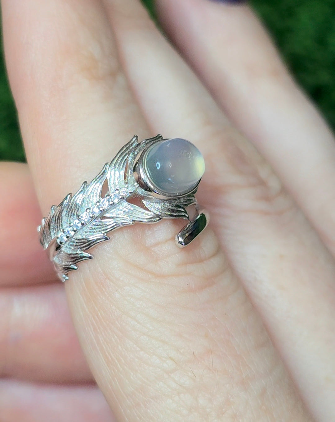 Rainbow Moonstone Feather Ring