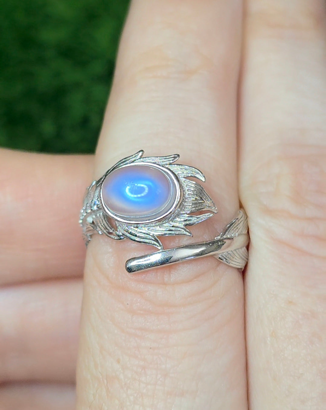Rainbow Moonstone Feather Ring
