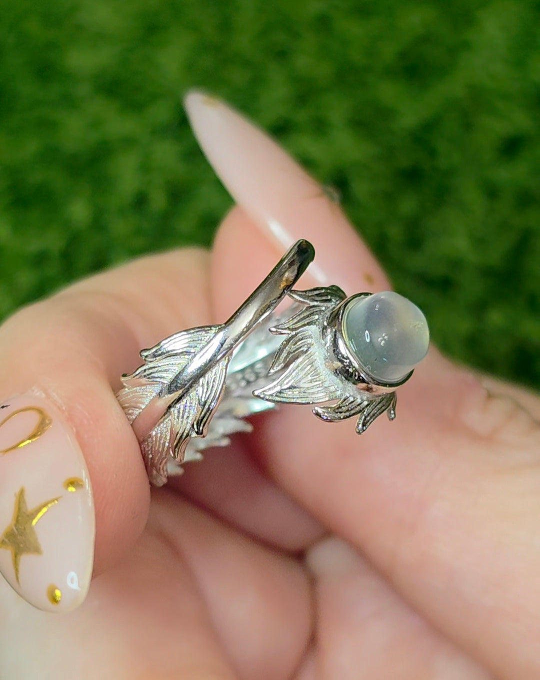 Rainbow Moonstone Feather Ring