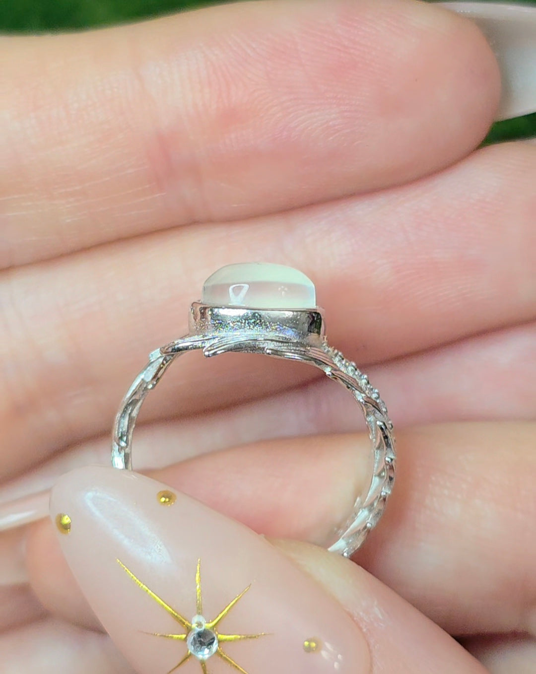Rainbow Moonstone Feather Ring