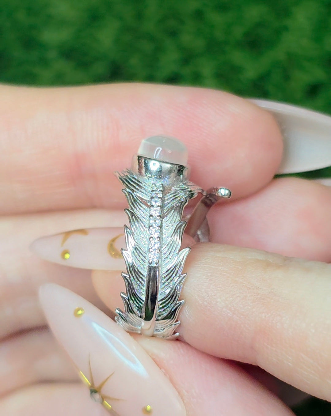 Rainbow Moonstone Feather Ring