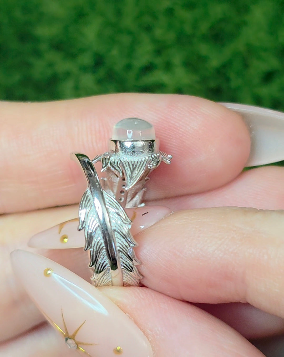 Rainbow Moonstone Feather Ring