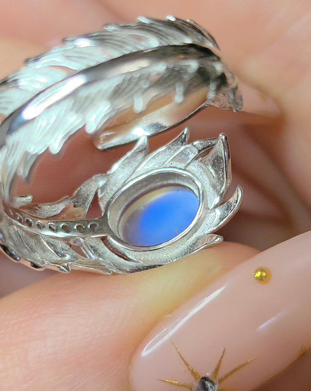 Rainbow Moonstone Feather Ring
