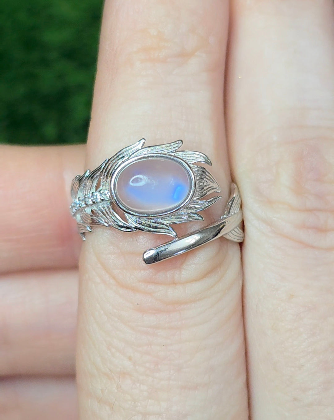 Rainbow Moonstone Feather Ring