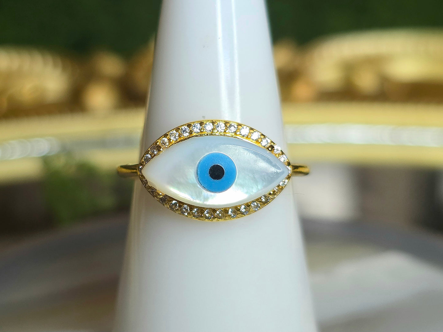 White Shell Evil Eye Ring B